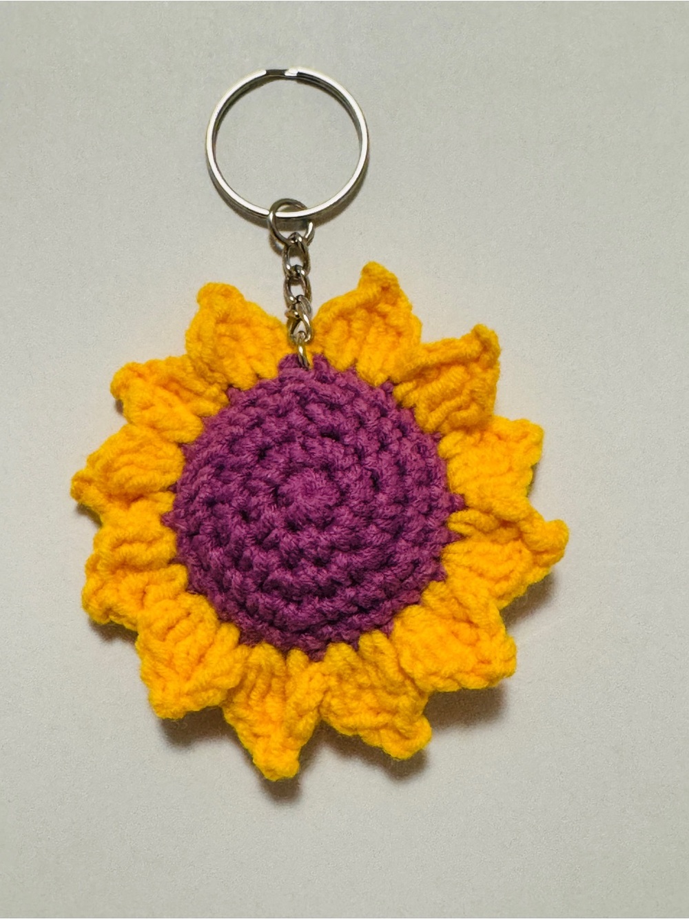 Handmade Yellow Sunflower Keychain with Purple Center - Picture 2 of 7